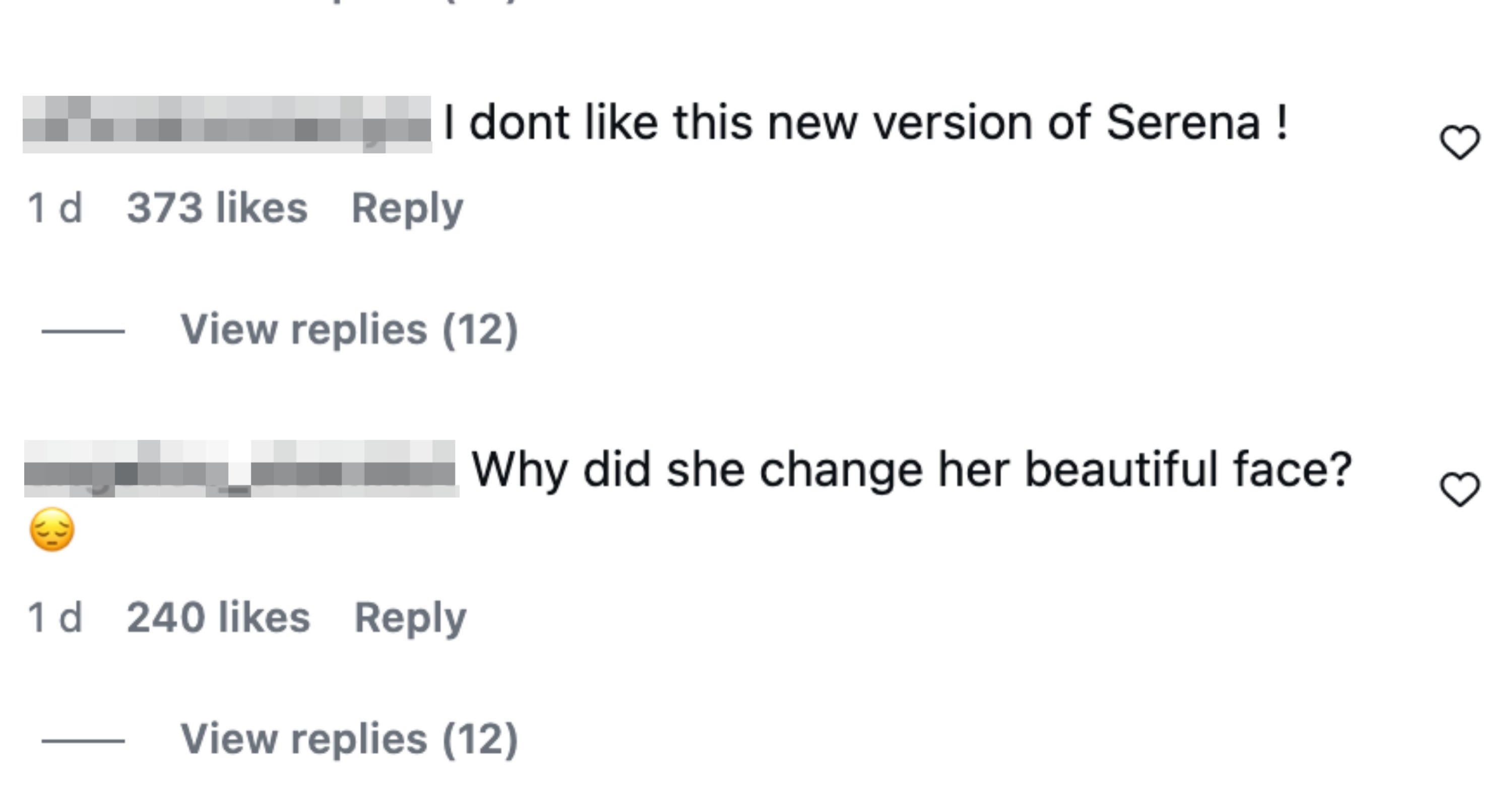 Comments discussing changes to Serena's appearance