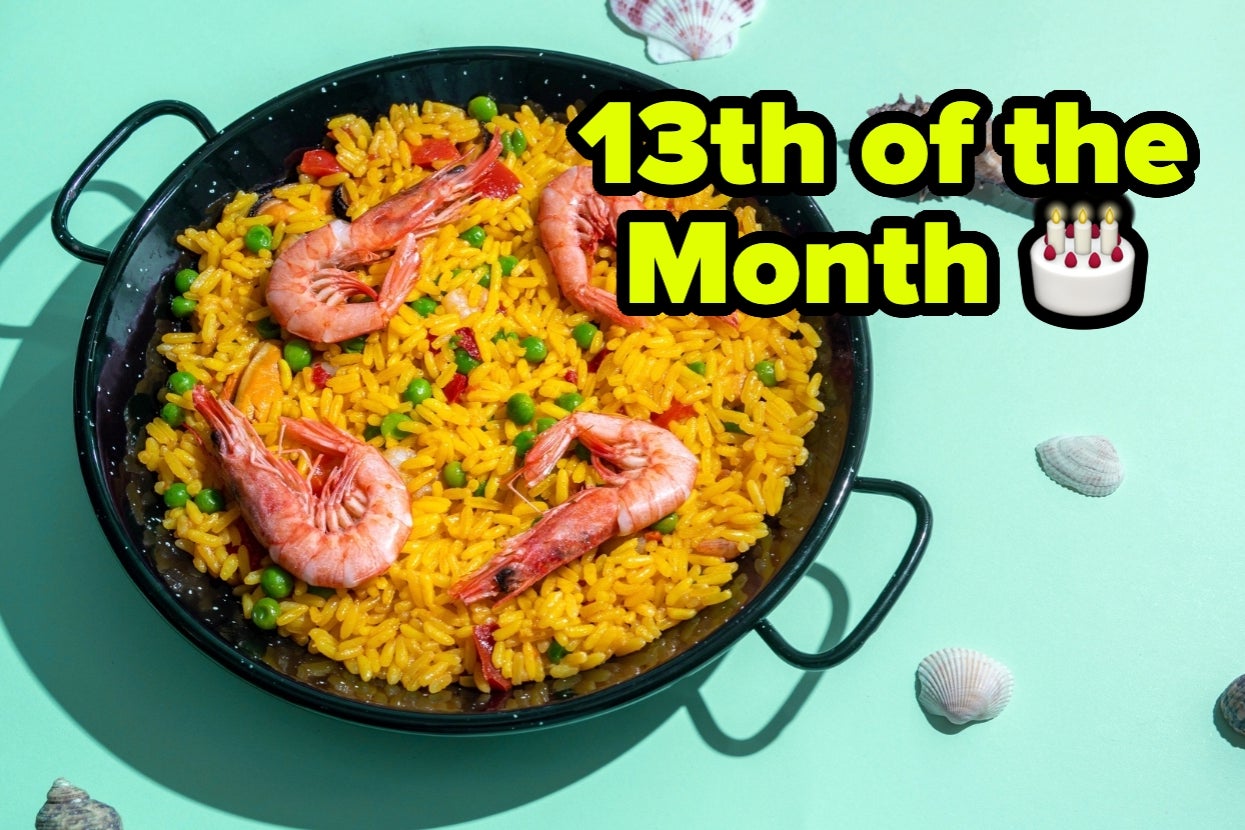 Paella with shrimp and peas next to a text overlay: "13th of the Month" with a birthday cake emoji