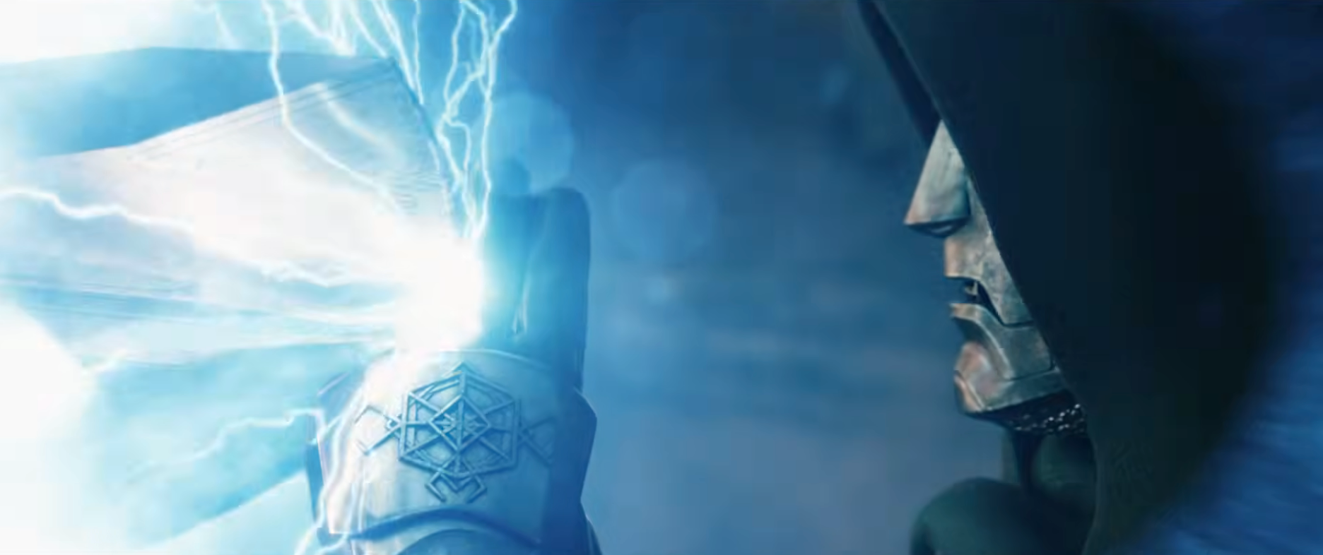 A hooded figure with a metal mask raises a glowing, lightning-infused hand, exuding power and mystery