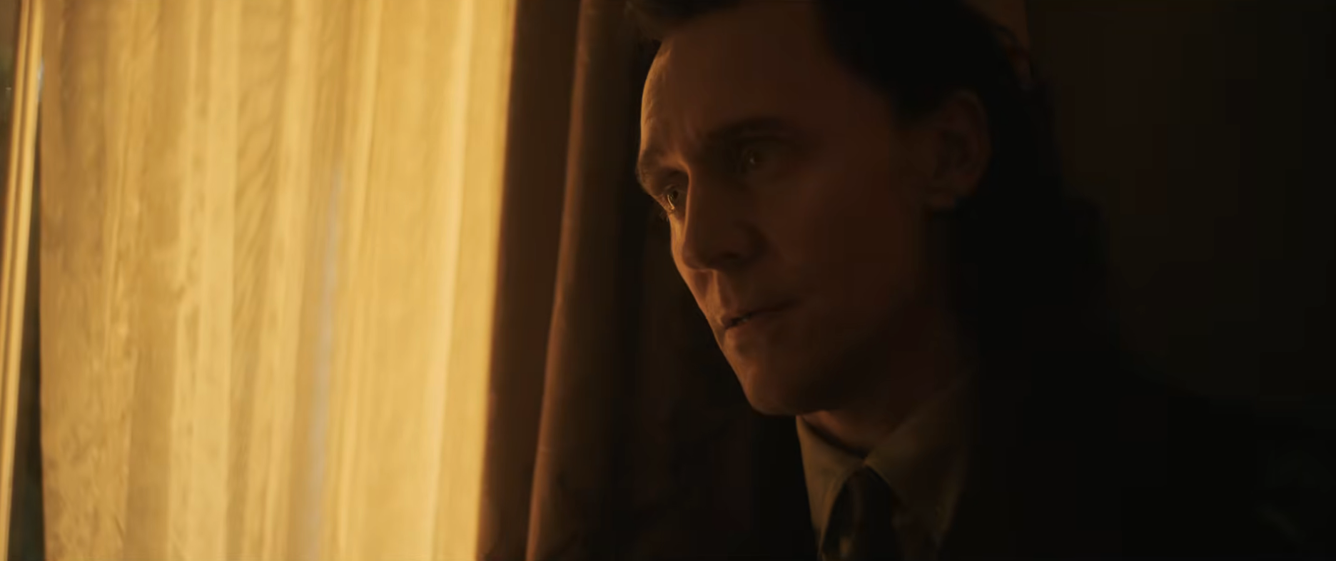 A person gazes out a window, appearing contemplative, in low light