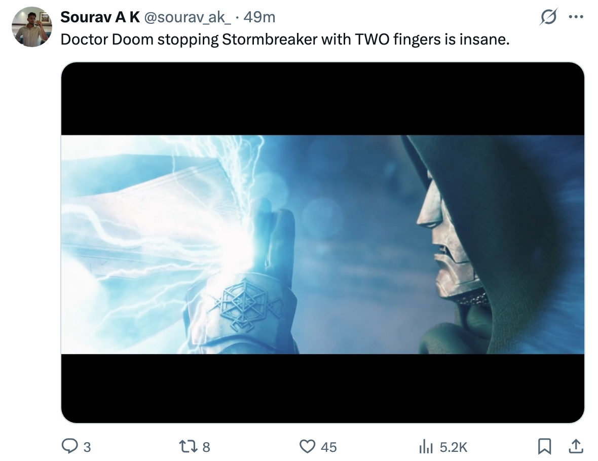 A fictional character uses two fingers to stop an energy attack, with glowing patterns emitting from the hand