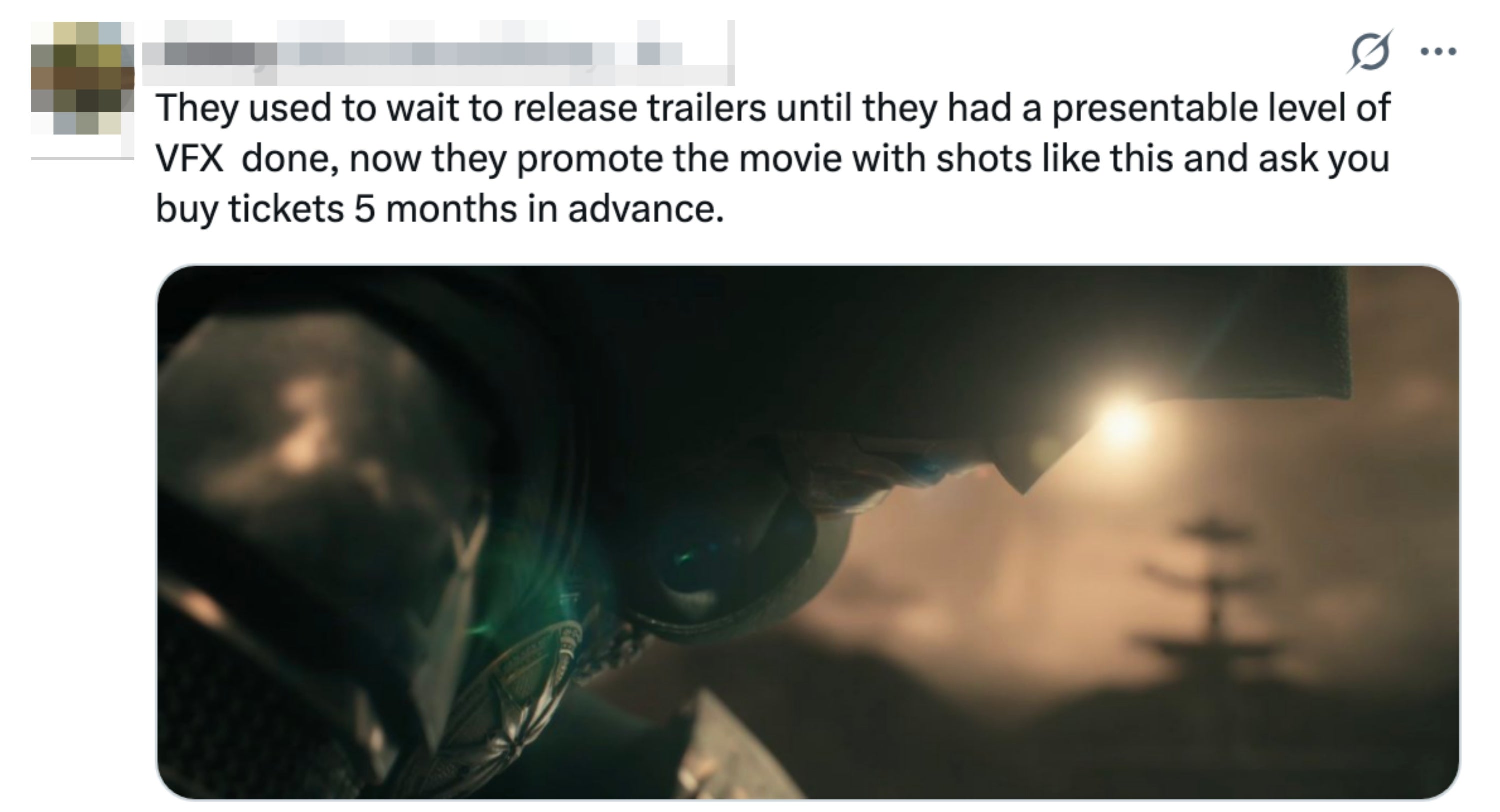A tweet by a user commenting on how movie promotion has changed, with a moody film image attached