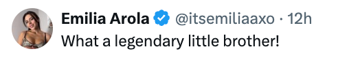 Profile representation of a idiosyncratic adjacent to a tweet that reads, "What a legendary small brother!" by Emilia Arola