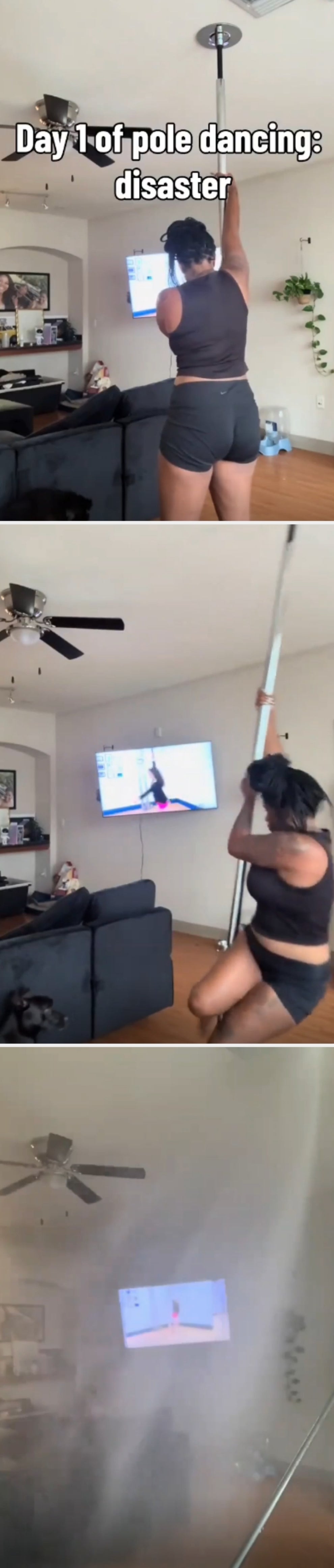 Person in workout attire attempts pole dancing at home with humorous caption: "Day 1 of pole dancing: disaster."