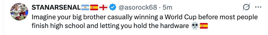 Tweet joking astir holding a World Cup trophy earlier finishing precocious school, with emojis of a skull and Spain's flag