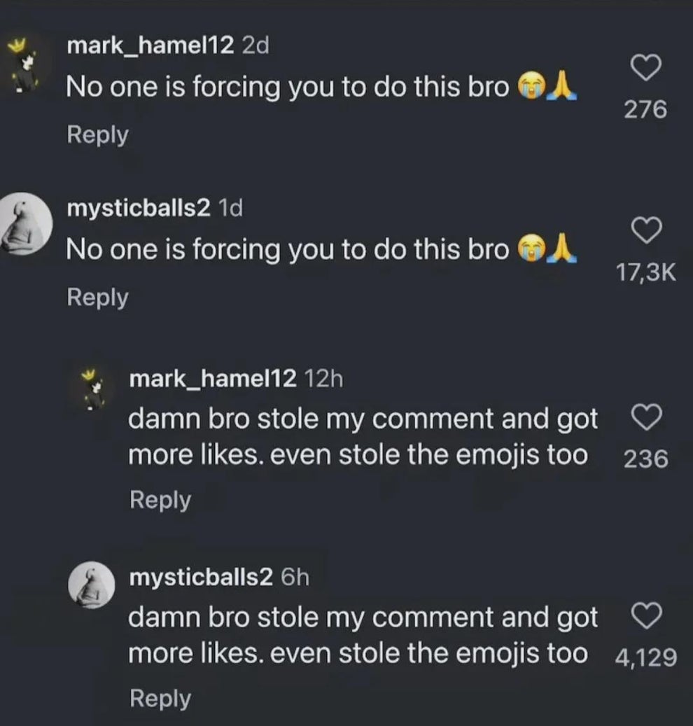 Two comments on social media jokingly accuse each other of comment theft, using similar wording and emojis