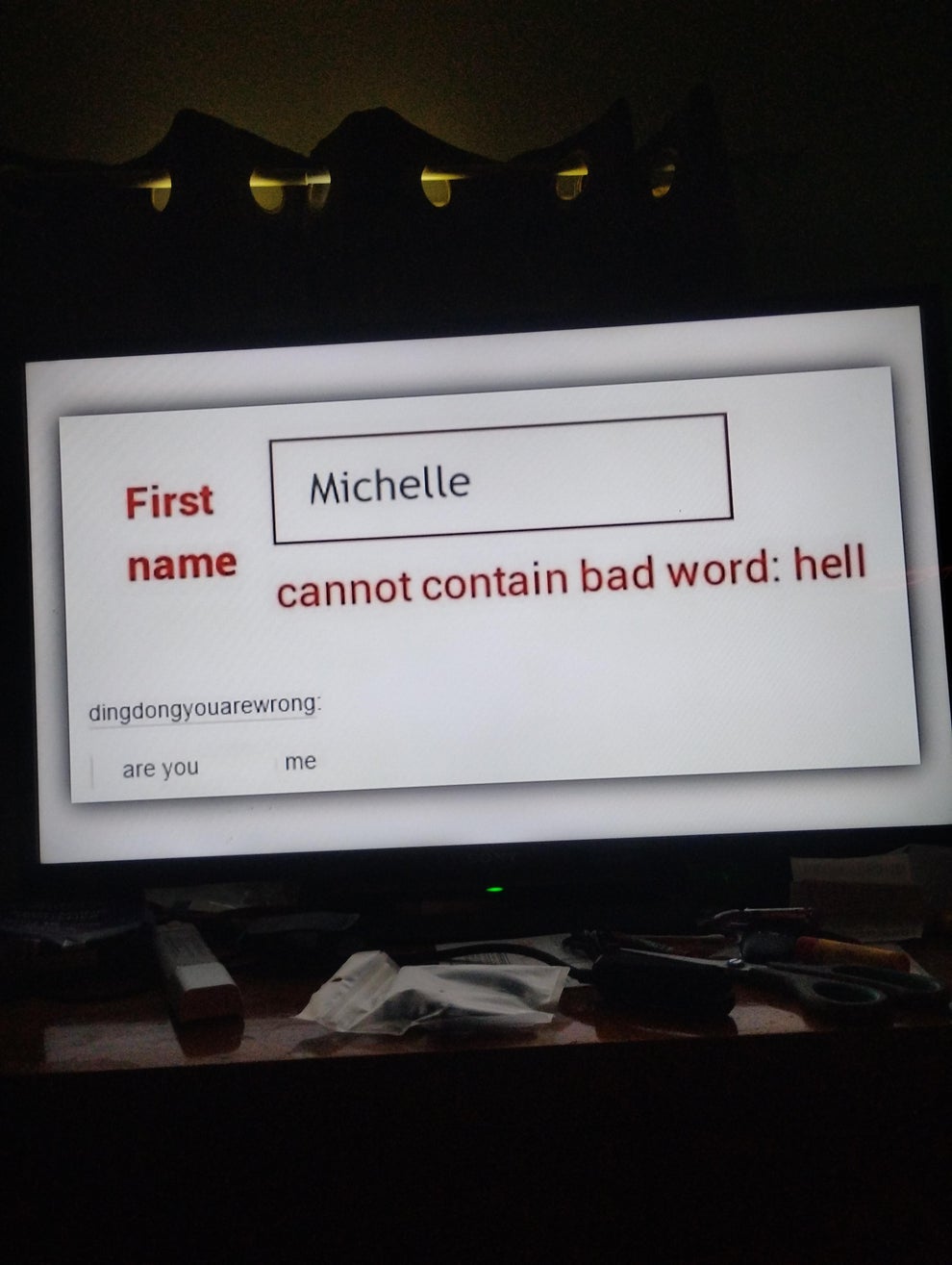 Form error message showing: "First name cannot contain bad word: hell" for the name "Michelle."