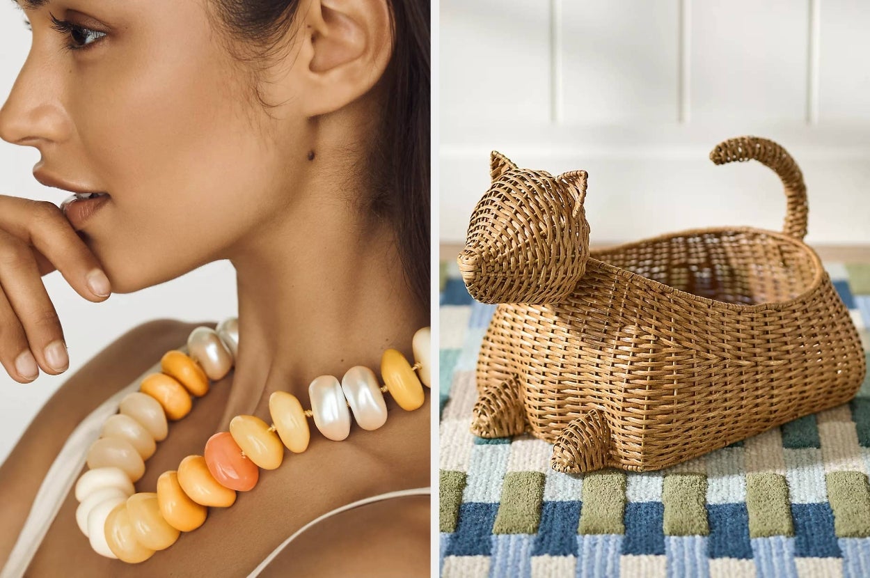 Model wearing chunky necklace; woven cat basket on checkered mat