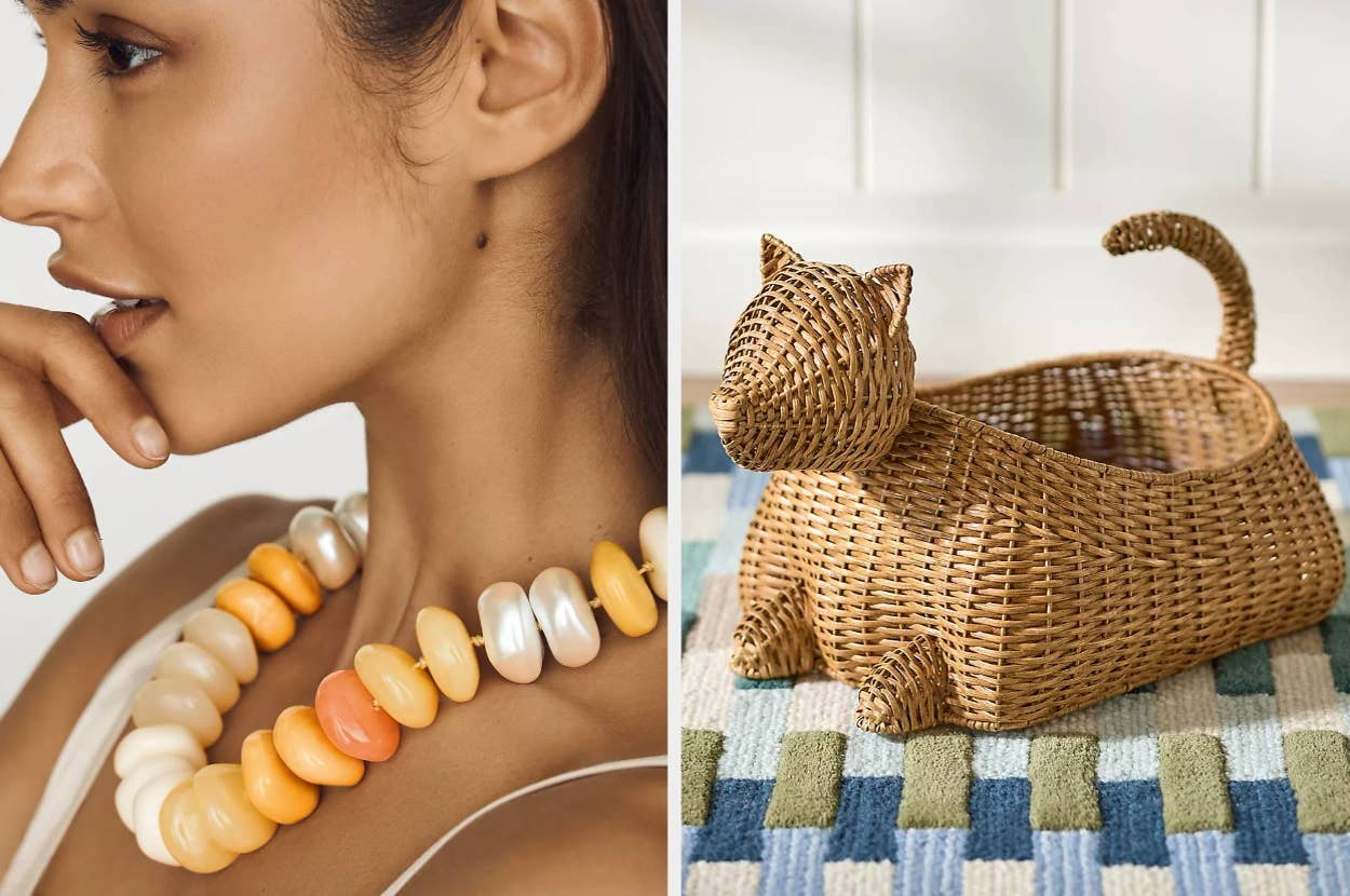 Model wearing chunky necklace; woven cat basket on checkered mat
