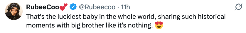 A tweet from RubeeCoo astir a babe and their large member sharing humanities moments, expressing admiration