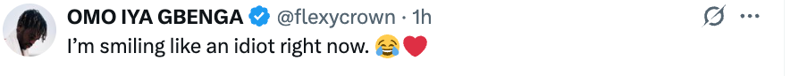 "I'm smiling similar an idiot close now," with a laughing emoji and a reddish bosom emoji