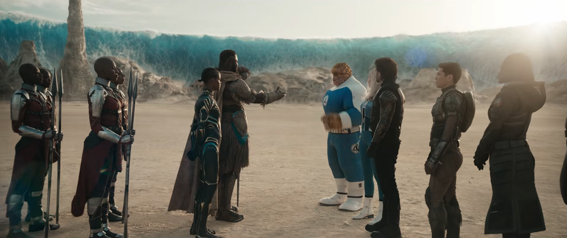 Two groups of armored superheroes face off in a desert. They appear to be having a tense discussion