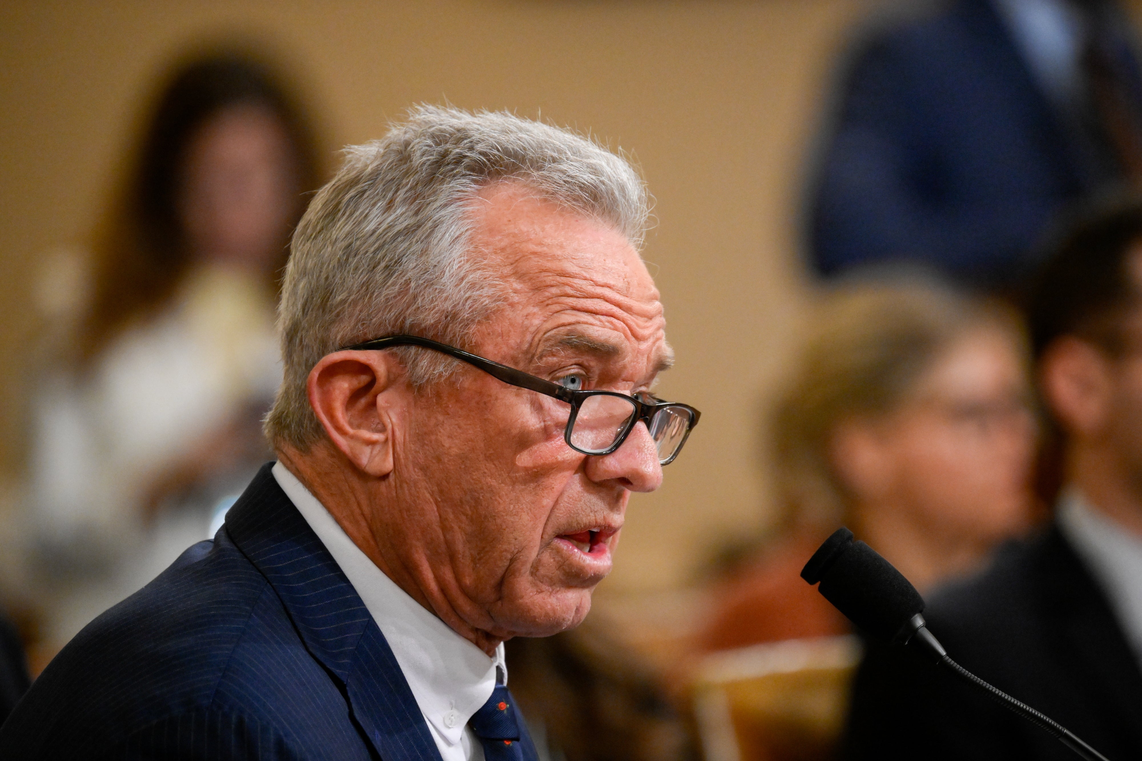 A person with glasses speaks into a microphone at a formal event or hearing, with others blurred in the background