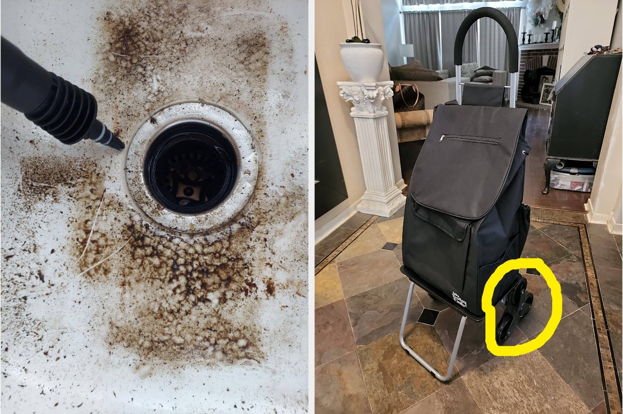 Left: Cleaning a dirty sink drain with a steam cleaner. Right: Black rolling shopping cart with foldable wheels for stairs