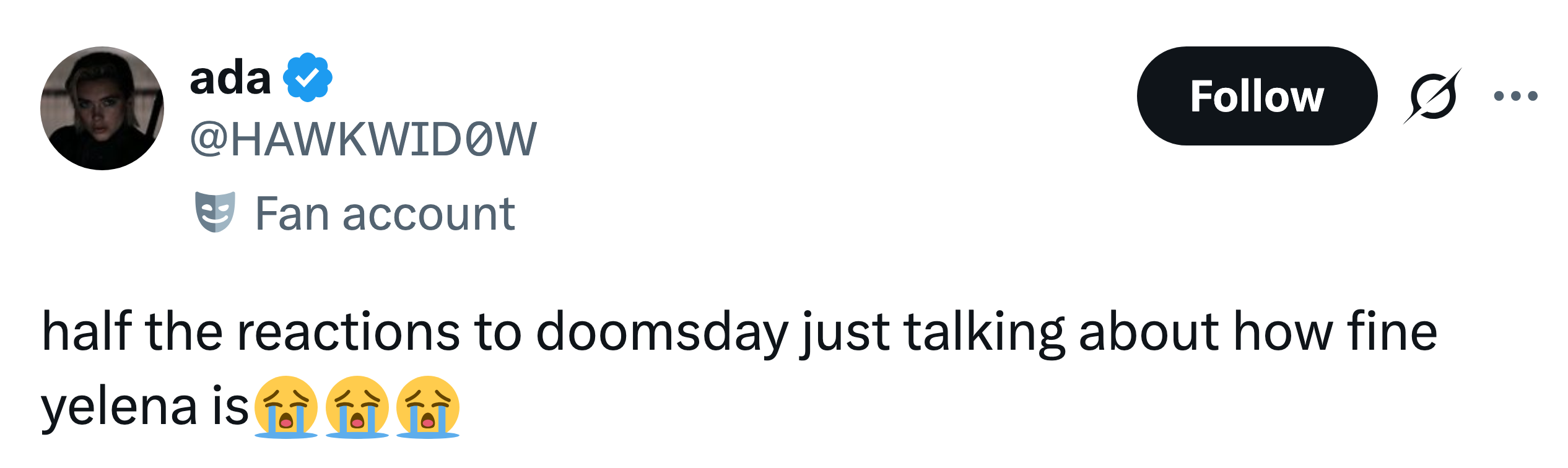 Tweet from user "ada" mentioning reactions to "doomsday" discussing Yelena's attractiveness, followed by crying face emojis