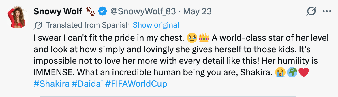 Tweet praising Shakira's humility and kindness towards children, describing her as an incredible human being. Includes related hashtags