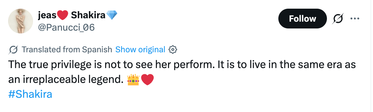 Tweet praising Shakira, saying living in her era is a privilege, with hashtags and emojis for emphasis