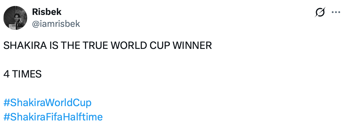 Tweet stating "SHAKIRA IS THE TRUE WORLD CUP WINNER 4 TIMES" with hashtags #ShakiraWorldCup #ShakiraFifaHalftime