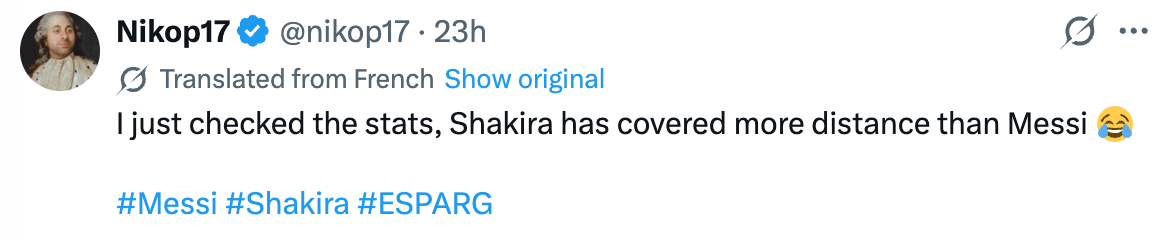 Tweet humorously claims Shakira has covered more distance than Messi, mentioning hashtags #Messi #Shakira #ESPARG