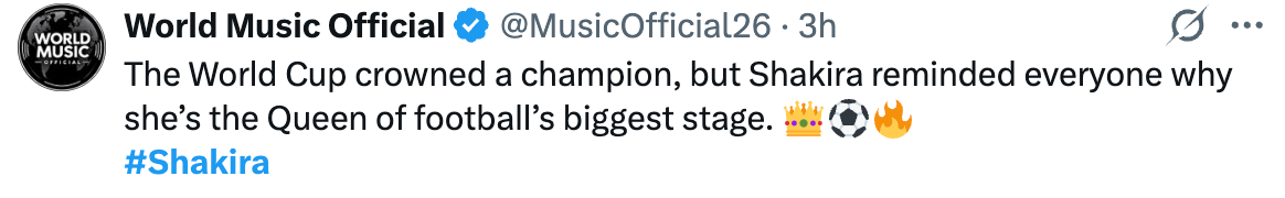 World Music Official tweet highlights Shakira's performance and status as the Queen of the football stage during the World Cup