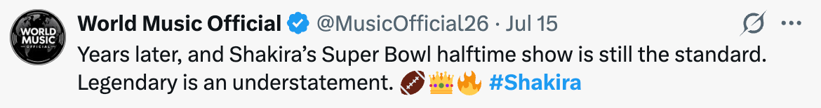 Tweet from World Music Official praising Shakira's Super Bowl halftime show as legendary, calling it the standard