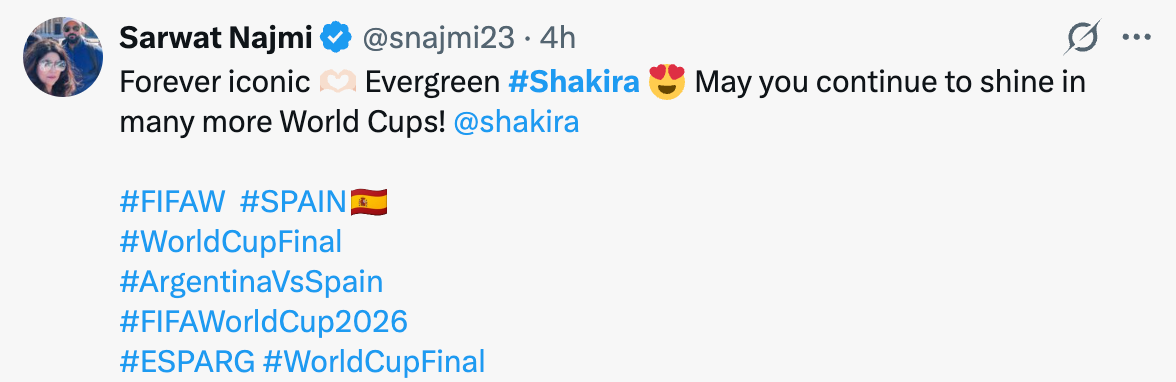 Tweet praising Shakira's iconic status and wishing her continued success in future World Cups, with related hashtags