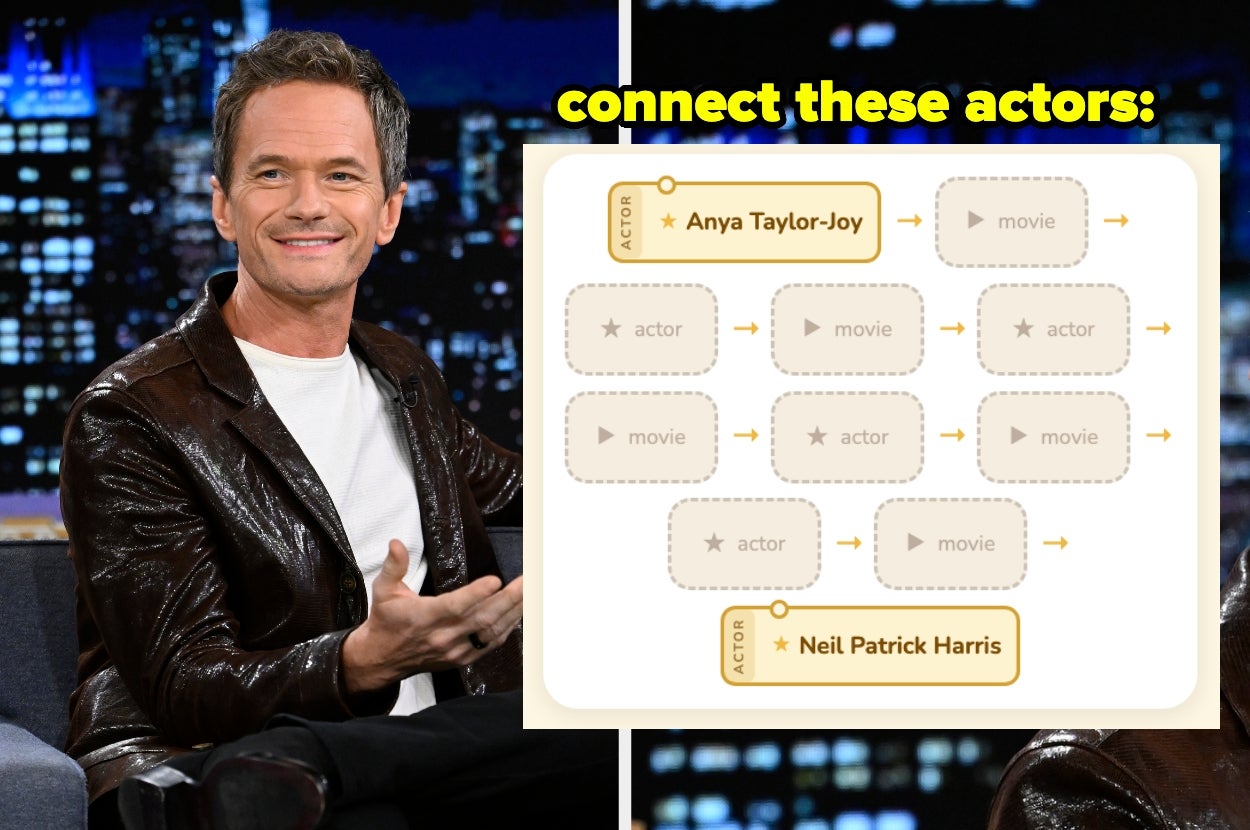 Actor in a leather jacket sits on a talk show set; adjacent is a flowchart puzzle titled "connect these actors," featuring Anya Taylor-Joy and Neil Patrick Harris