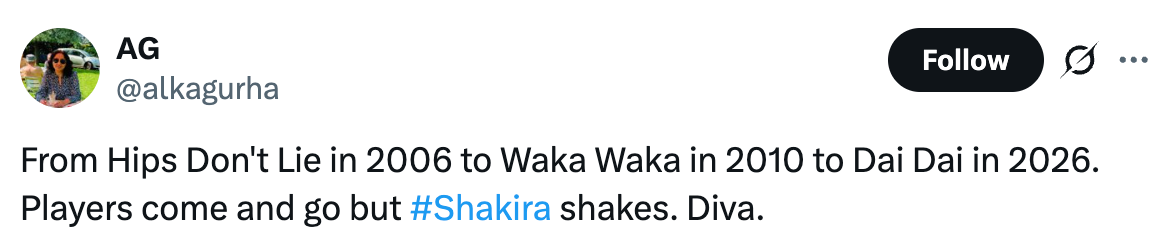 Tweet celebrating Shakira's hit songs over the years, noting her enduring presence in music