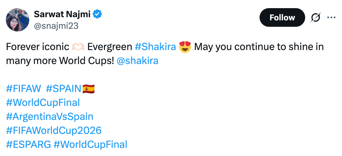 Tweet celebrating Shakira's iconic status, with hopes for future World Cup appearances. Includes hashtags about Spain, World Cup Final, and upcoming tournaments