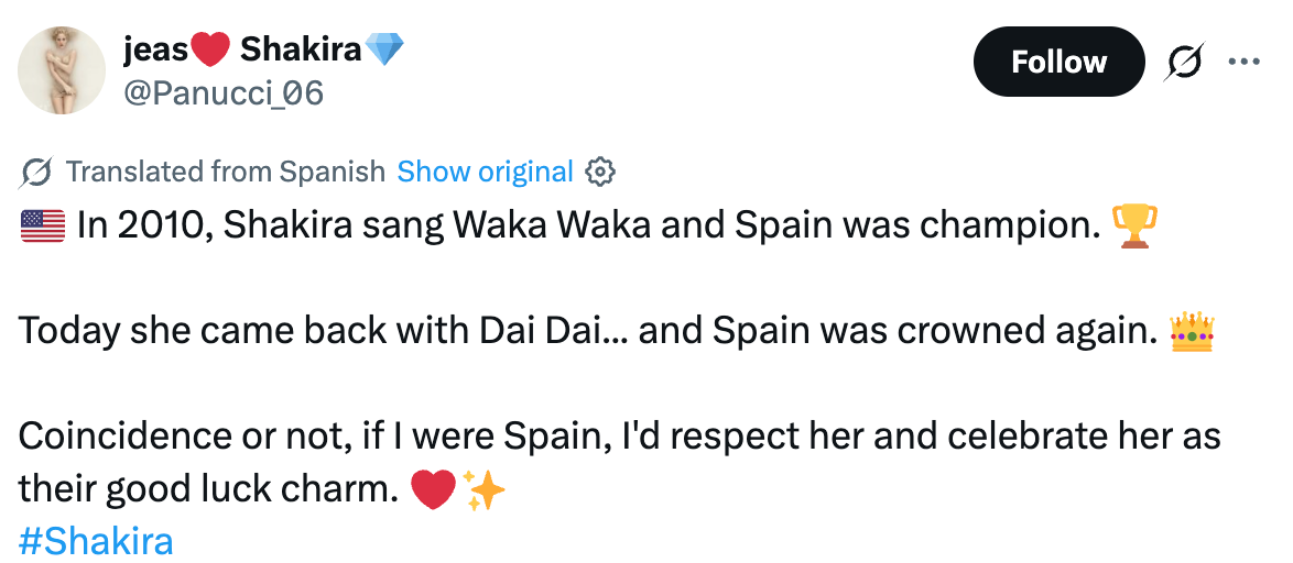 Text tweet about Shakira's songs "Waka Waka" and "Dai Dai" linked to Spain's championships