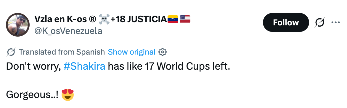 Tweet joking about Shakira, saying she has 17 World Cups left
