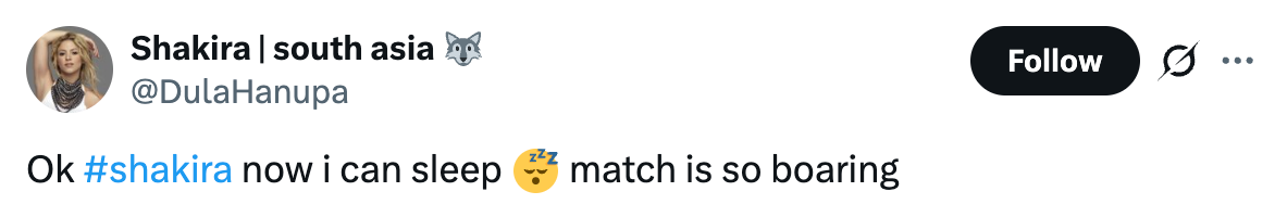 Tweet by user, mentioning #shakira, expressing that a match is boring with a sleepy emoji