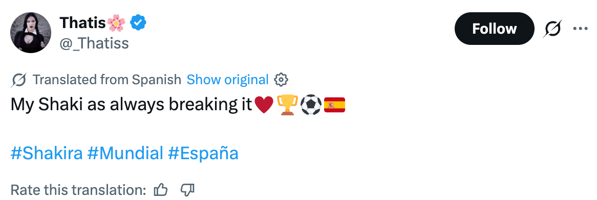 Tweet praising Shakira, mentioning "My Shaki as always breaking it" with emojis of a heart, trophy, soccer ball, and Spanish flag