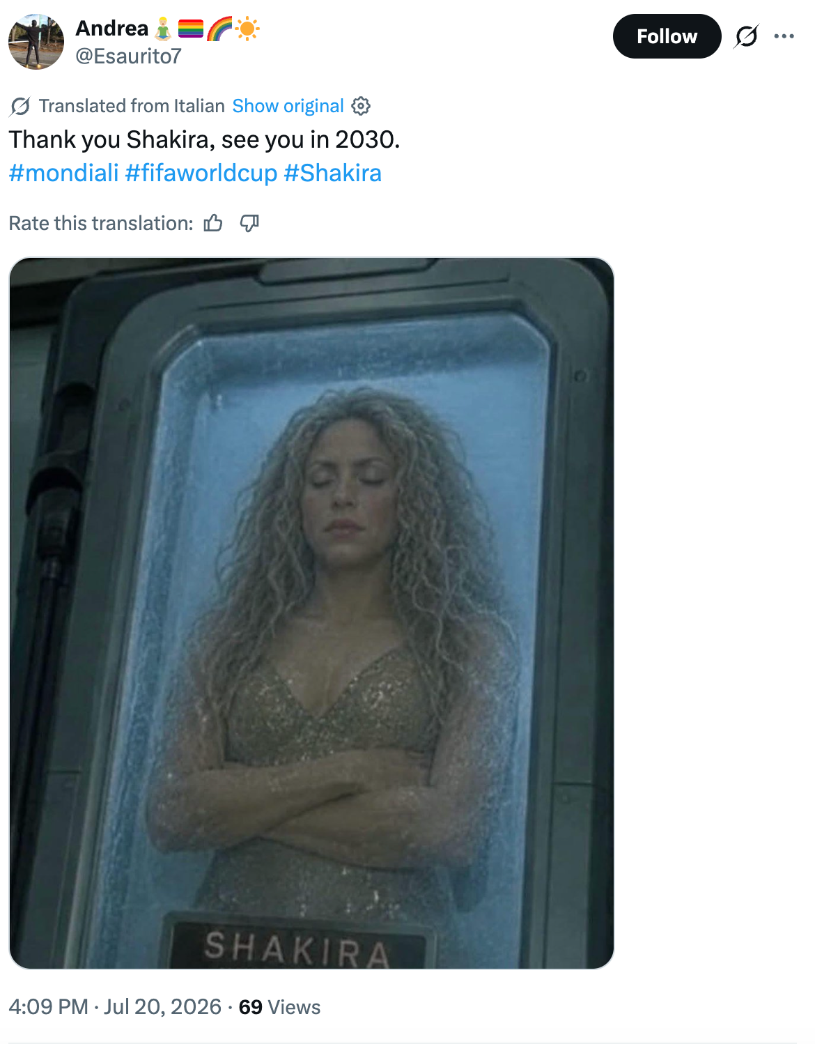 Shakira in a sci-fi style glass chamber with arms crossed. Caption thanks Shakira and mentions the 2030 FIFA World Cup