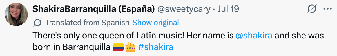 Tweet praising Shakira as the queen of Latin music, mentioning her birthplace, Barranquilla