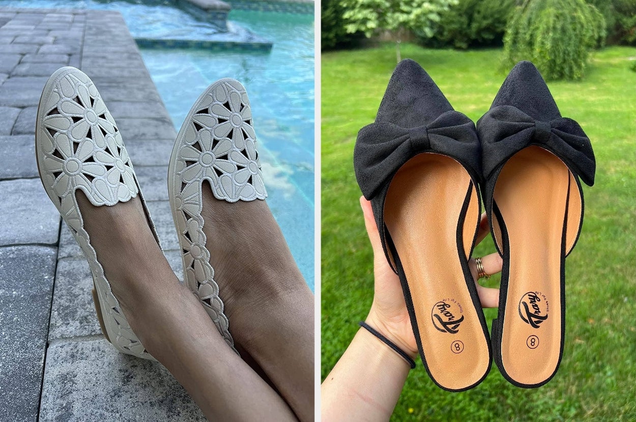 Two close-up images of women's shoes: left features white floral cut-out flats by a pool, right shows black mules with bows held in hands