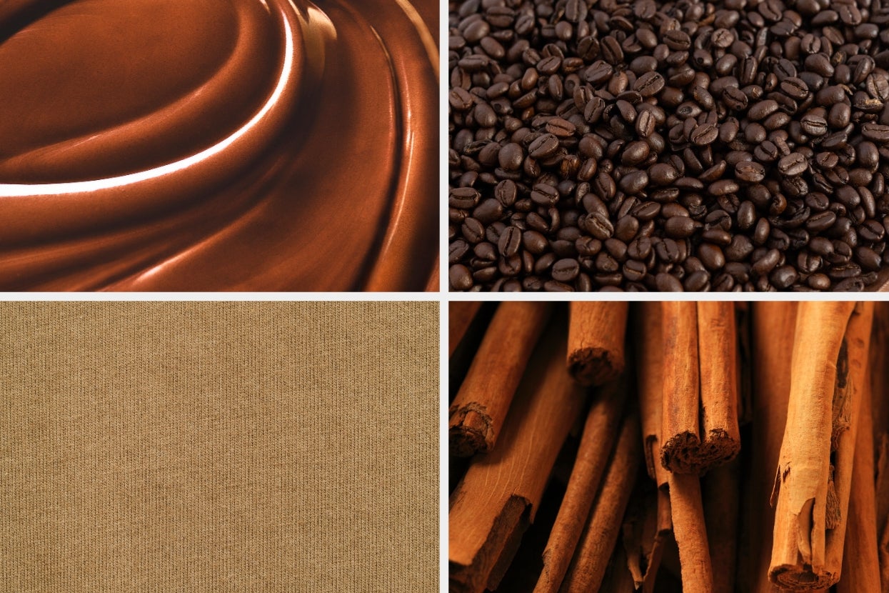 Chocolate swirl, coffee beans, beige fabric texture, and cinnamon sticks arranged in a four-square grid