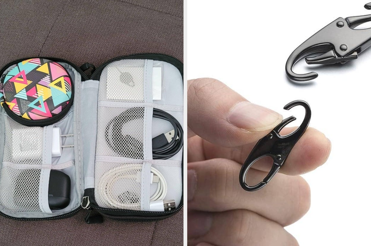 Image showing an open travel case with organized electronic accessories and a hand holding a black hook-shaped clip