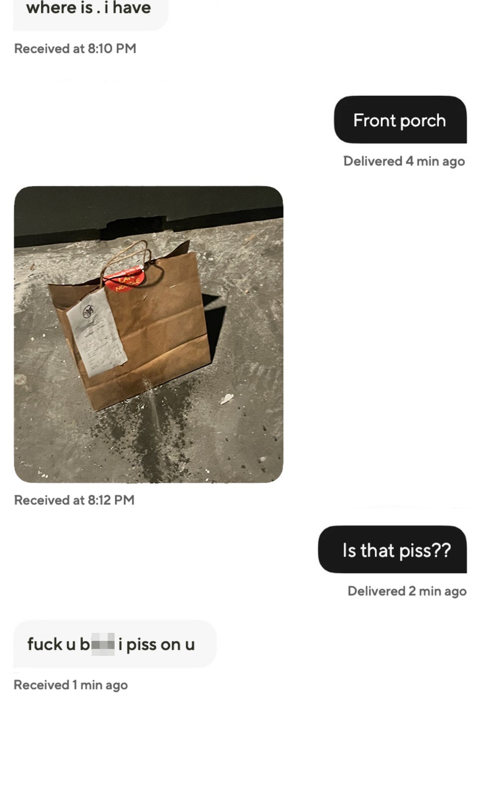 Screenshot of a text conversation about a food delivery. A paper bag is on the ground, and the customer questions if there is urine on it