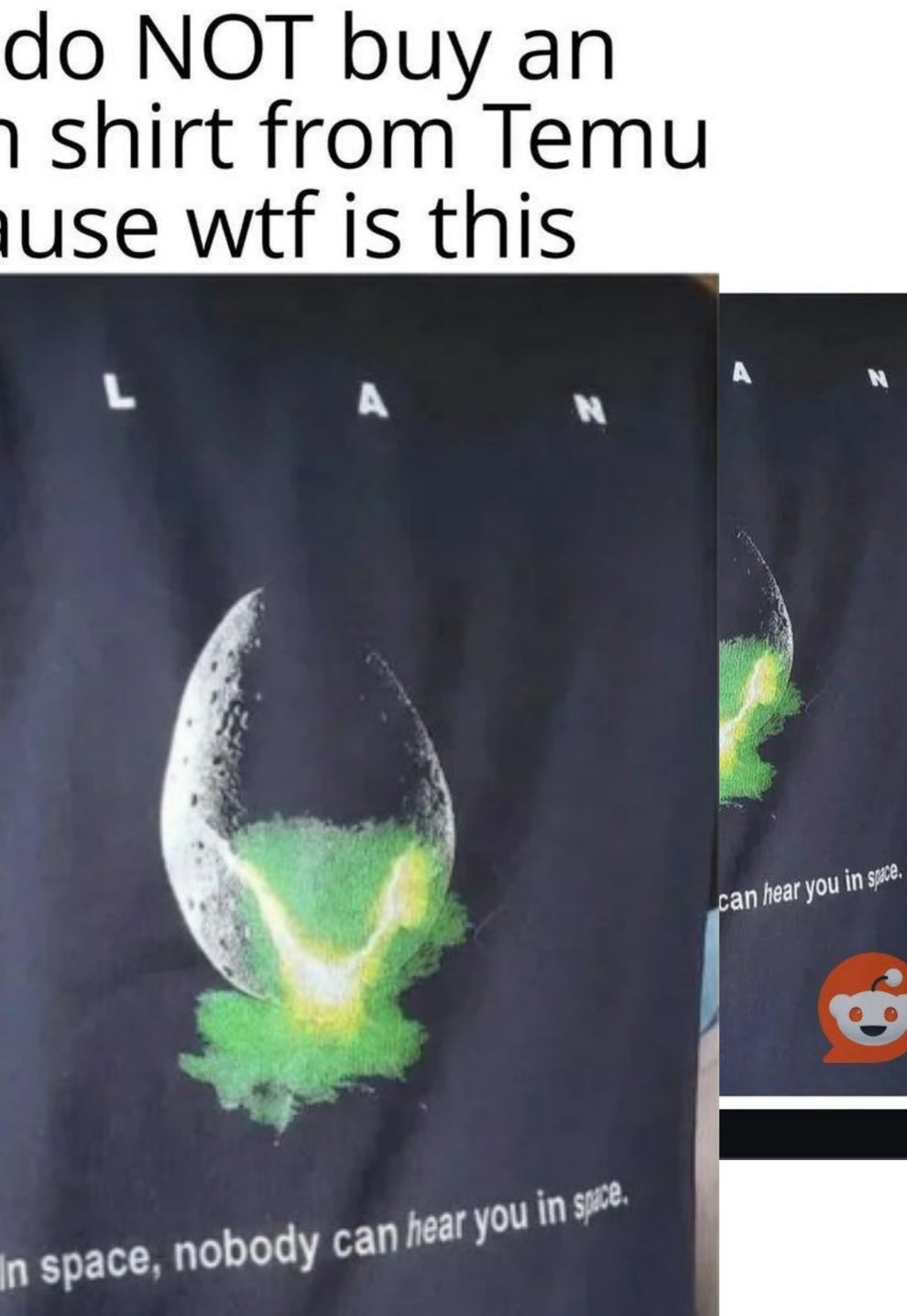Man takes a mirror selfie wearing a T-shirt with a misprint that says "ALAN" and "In space, nobody can hear you in space."