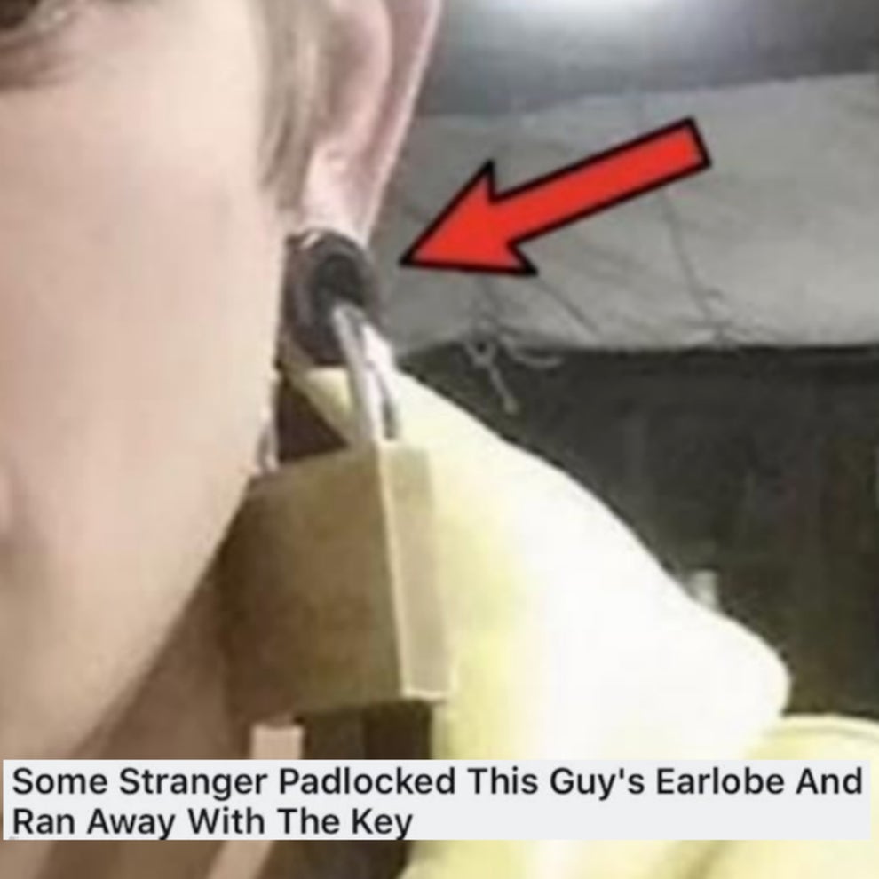 A man with a lip piercing has a padlock attached to his earlobe, looking concerned. A caption mentions a stranger locked it and took the key