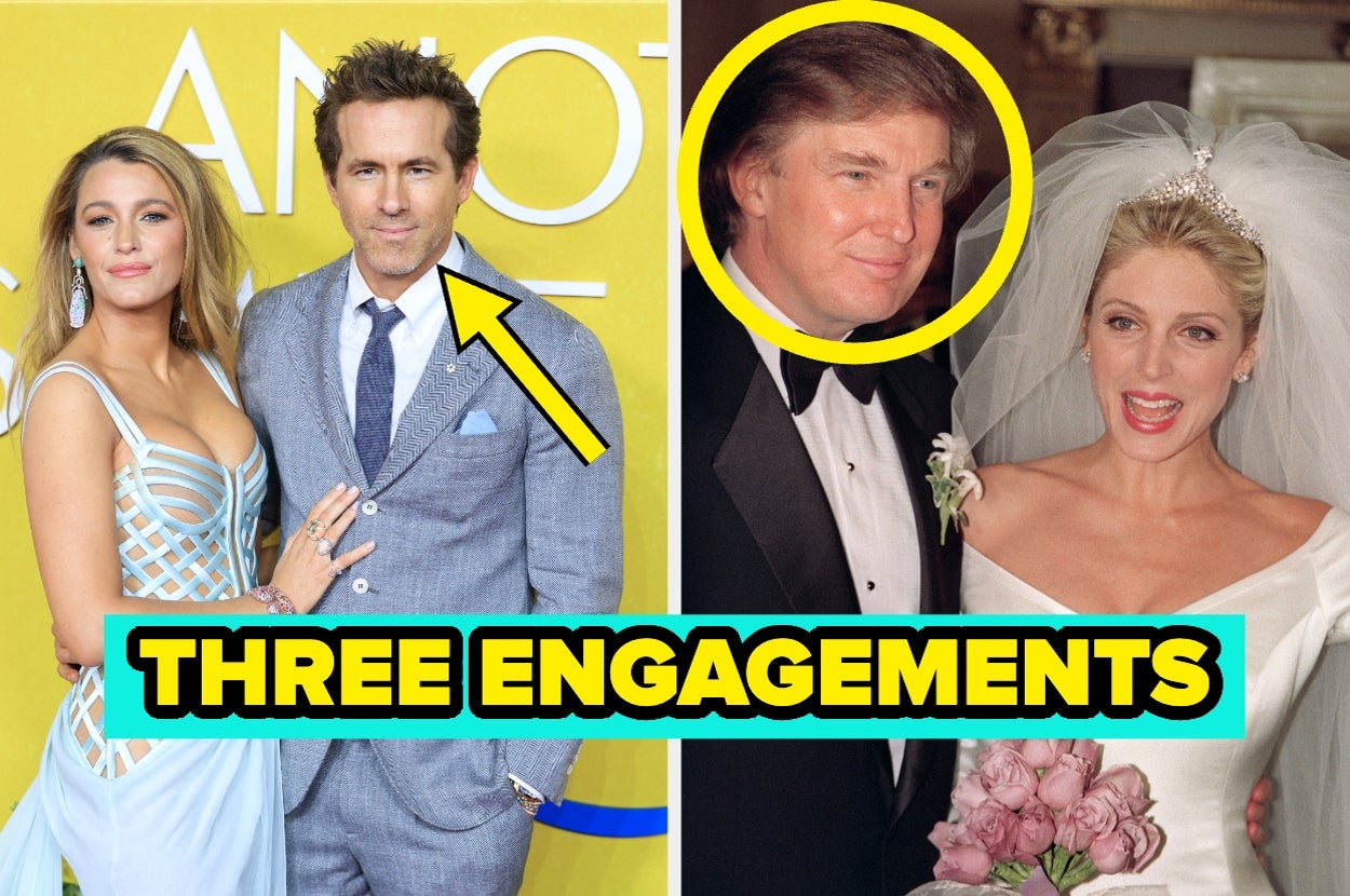 Image split: Left shows a couple posing in stylish formal wear; right highlights a man in a tuxedo with a bride. Text reads "THREE ENGAGEMENTS."