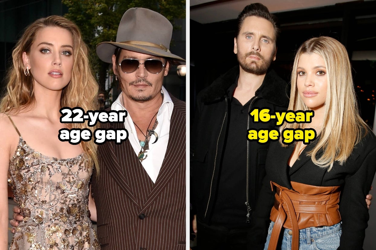 Split image of Amber Heard and Johnny Depp, and Scott Disick and Sofia Richie, text overlays: "22-year age gap" / "16-year age gap"