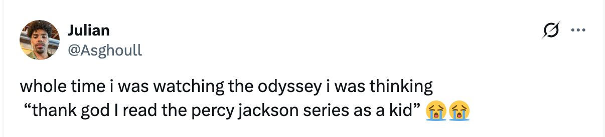 Tweet by Julian: "Whole time I was watching the Odyssey I was thinking 'thank god I read the Percy Jackson series as a kid'" with relieved emojis