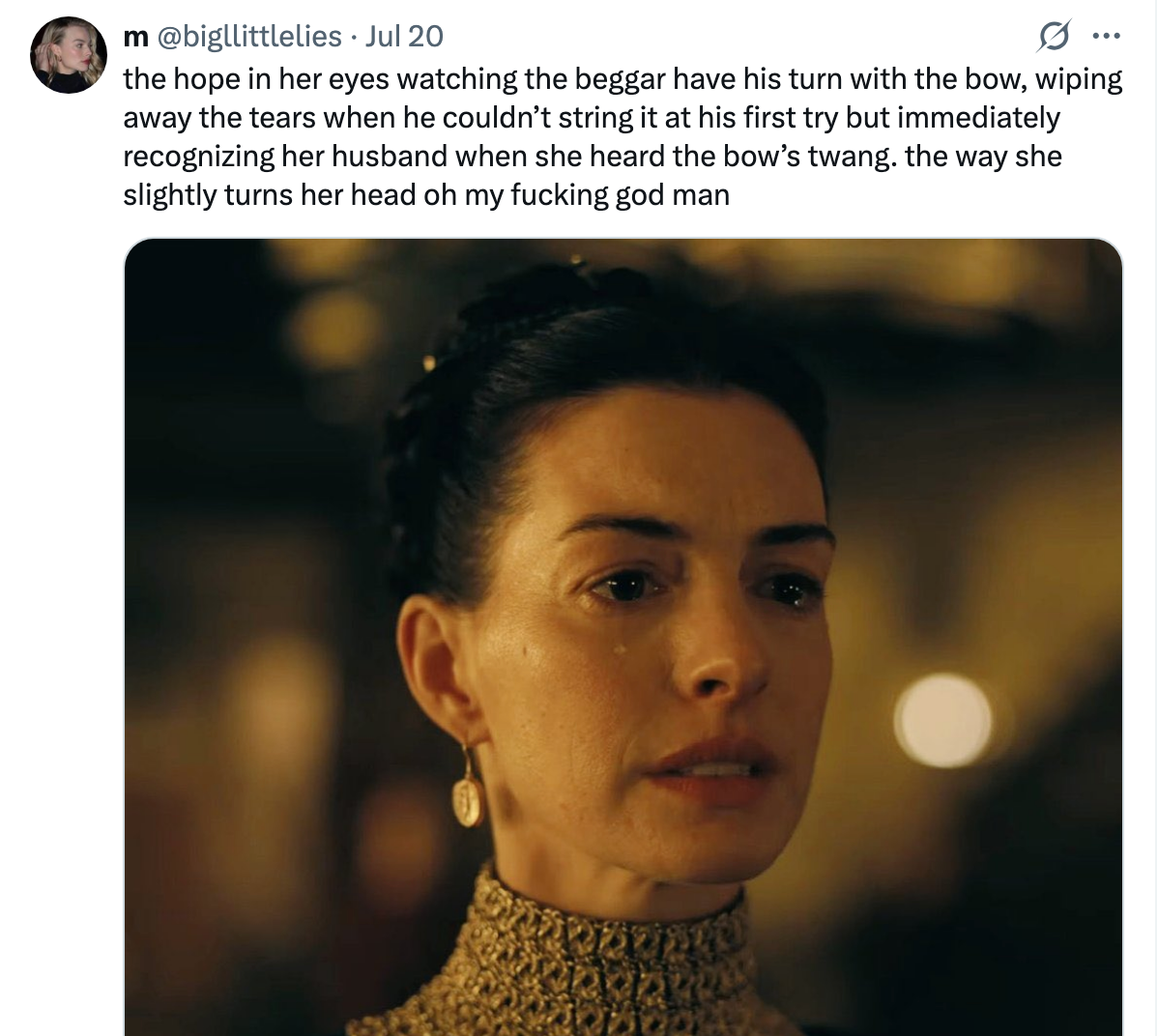 A person in period clothing looks emotional as they watch an unseen event, with caption text describing her reaction to a bow being strung