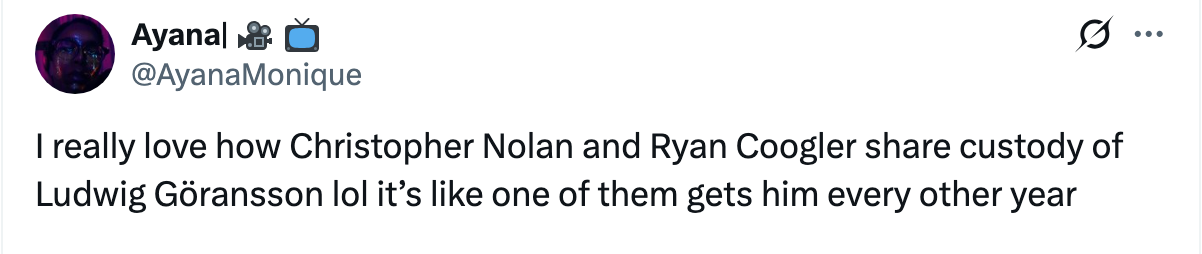 Tweet about Christopher Nolan and Ryan Coogler often working with Ludwig Göransson