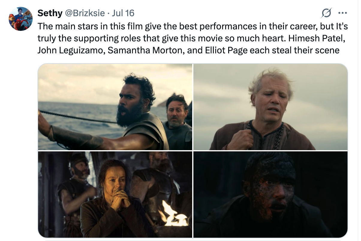 Four actors in different movie scenes: one on a ship, one distressed, another contemplative, and one with face paint in an intense moment