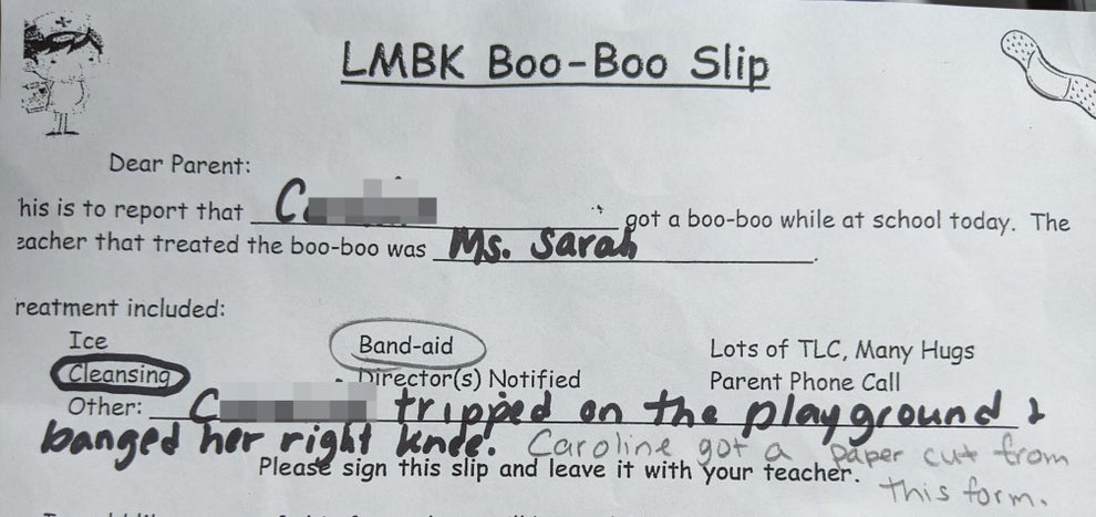 Note to parent about Caroline's minor injuries at school. She tripped on the playground and got a paper cut. Teacher's notes and treatments included