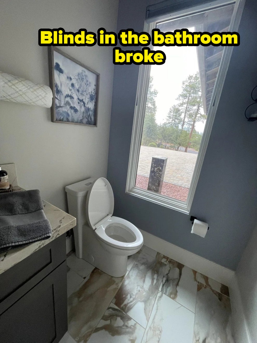 Bathroom with a toilet, countertop with soap dispenser and towels, large window with outdoor view, and wall art