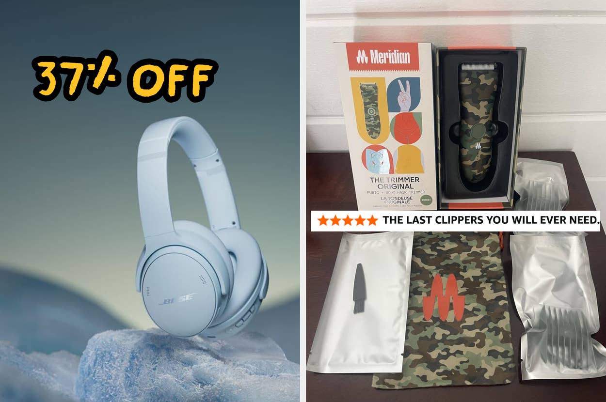 Left: Bose portable speaker on an ice block. Right: Meridian grooming kit with a camo trimmer and accessories displayed